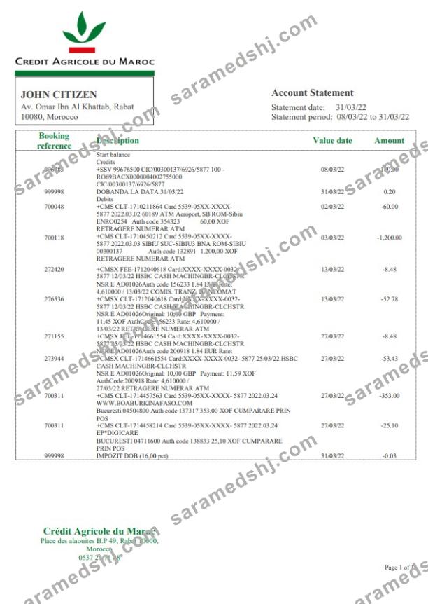 Morocco Credit Agricole bank statement Word and PDF template